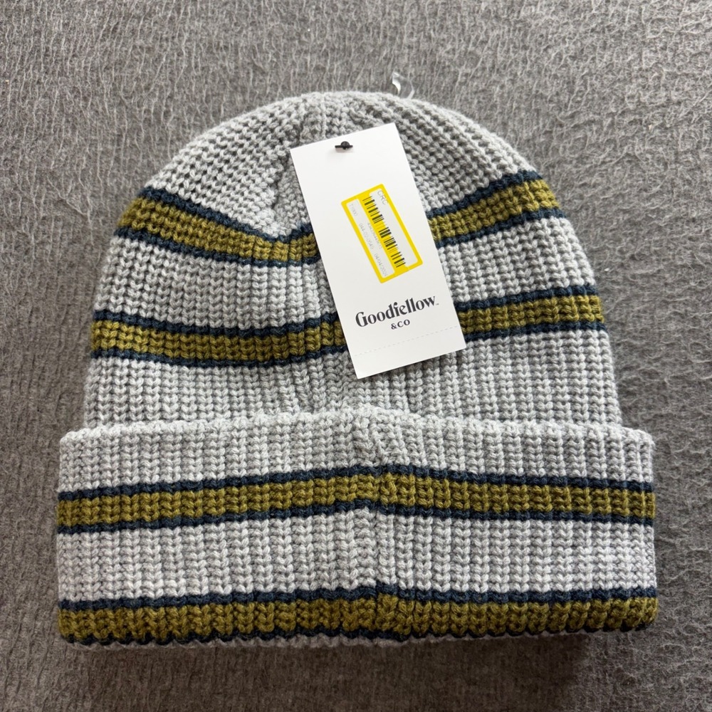 Goodfellow & Co Mens Striped Knit Beanie Gray Olive Green Navy Blue F23FB106